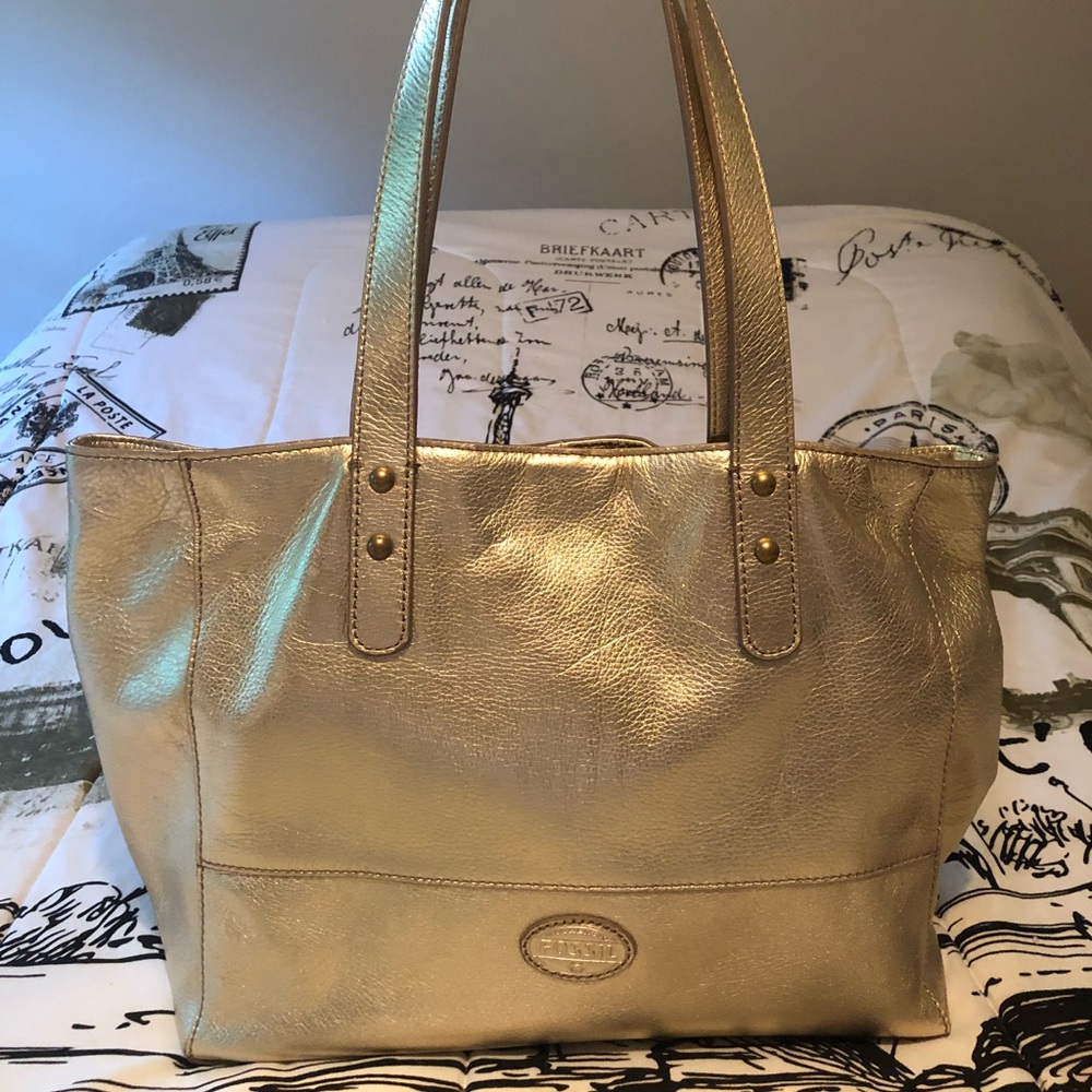 Fossil Gold Leather Tote Bag